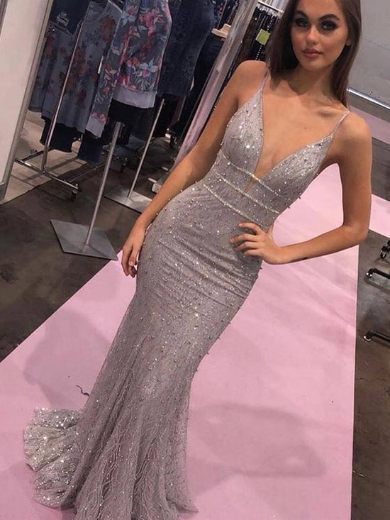V Neck tti Straps Mermaid Long Lace Silver Grey Prom Dresses with Beading, Silver Grey Formal Dresses