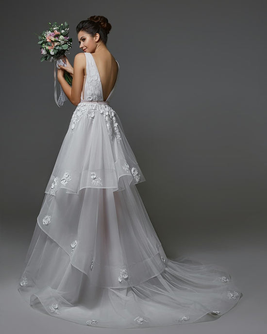 V-Neck White Floral Lace A-line Wedding Dresses V-Neck Tulle Simple Bridal Dress for Women