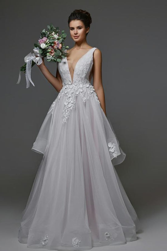 V-Neck White Floral Lace A-line Wedding Dresses V-Neck Tulle Simple Bridal Dress for Women