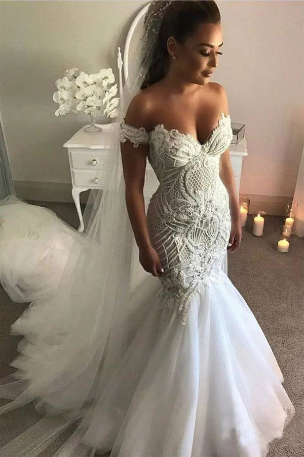 Vintage Mermaid Ivory Tulle Lace Wedding Dress