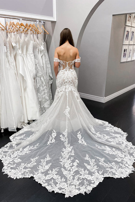 Vintage Off The Shoulder Ivory Lace Wedding Dress Mermaid Wedding Gown WW291 winkbridal