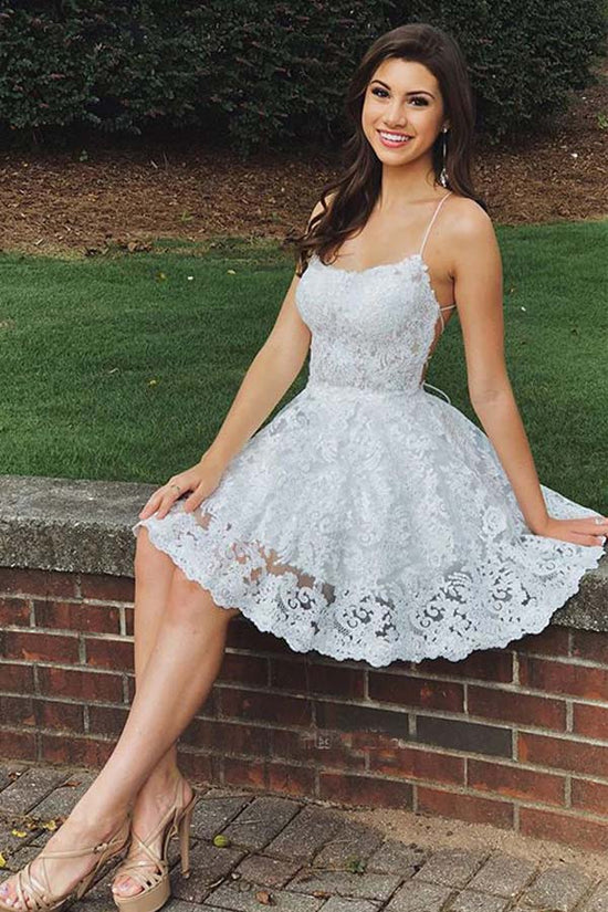 White Lace Spaghetti Straps A-line Short Prom Dress Short Homecoming Dress