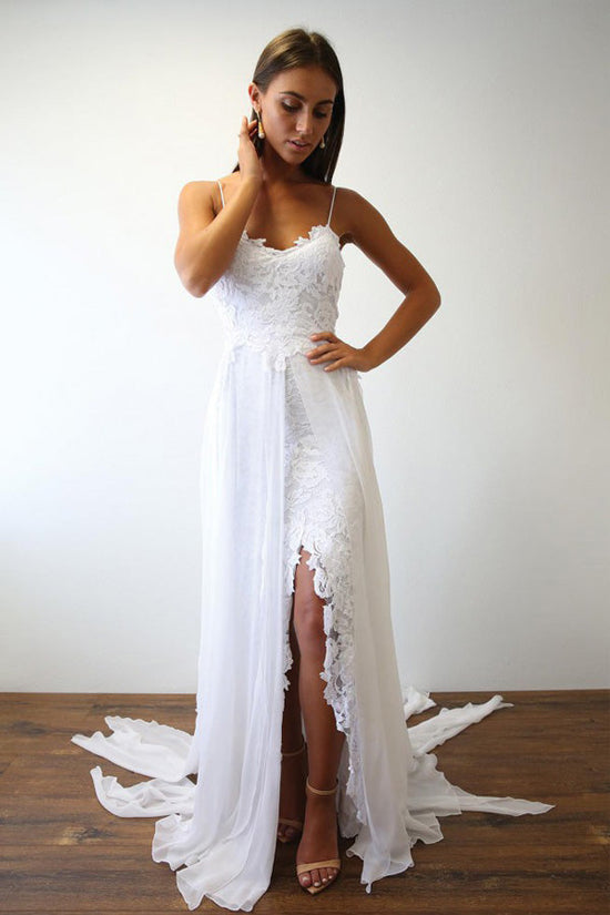 White Lace Thin Straps Wedding Dress With Chiffon
