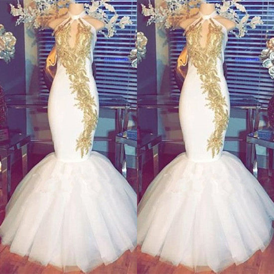 Load image into Gallery viewer, White Mermaid Prom Dress | Halter Evening Gowns With Gold Appliques BA8790
