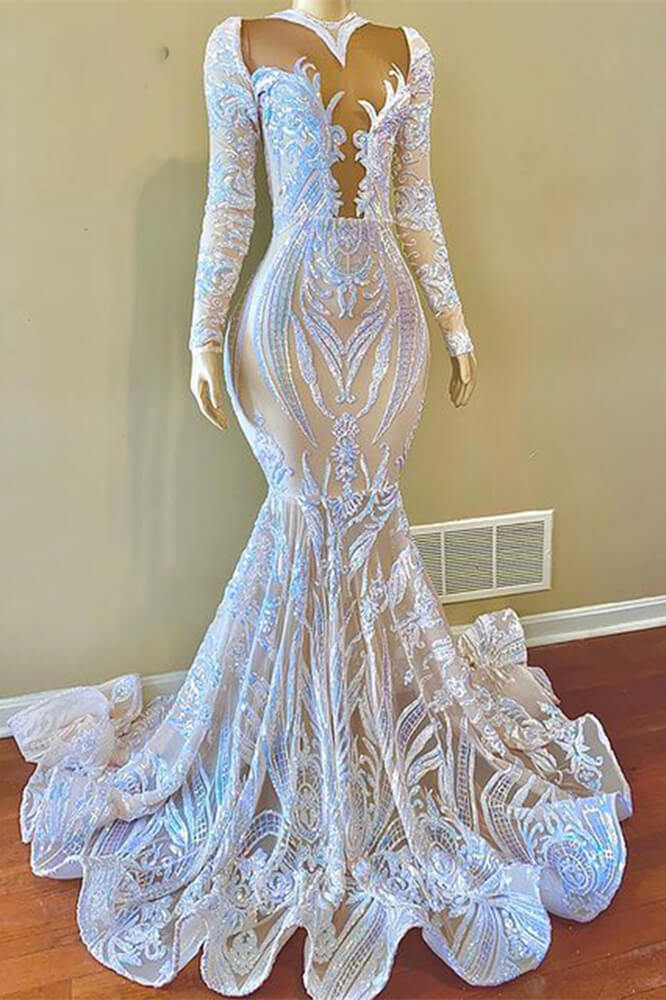 White Sequins Lace Mermaid Prom Dress With Long Sleeves