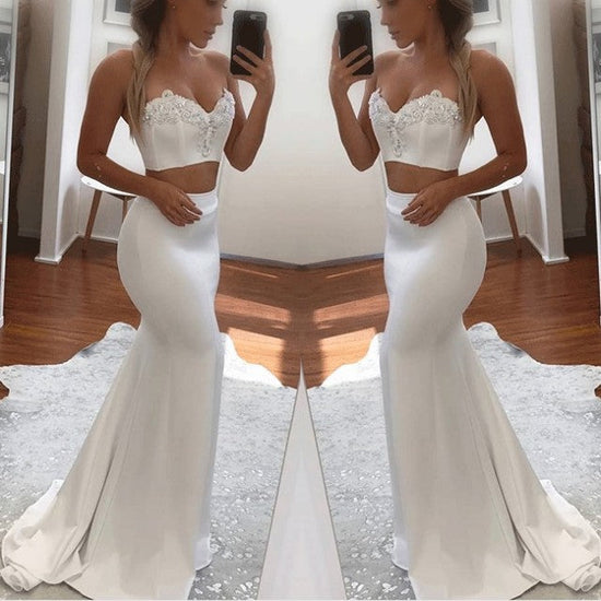 White Two Pieces Prom Dress | Mermaid Appliques Long Evening Gowns
