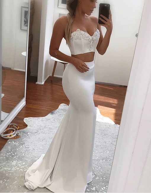White Two Pieces Prom Dress | Mermaid Appliques Long Evening Gowns