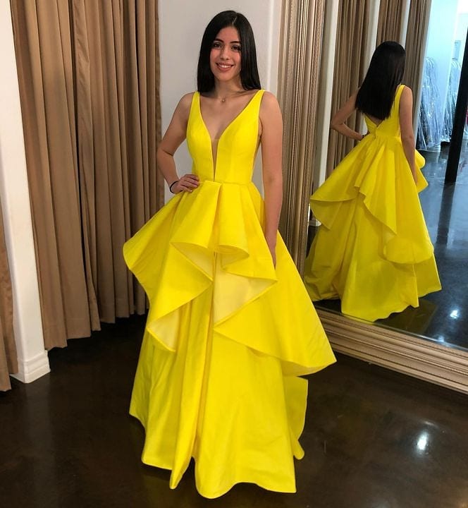 Yellow A Line V-neck Layered Satin Long Prom Dress