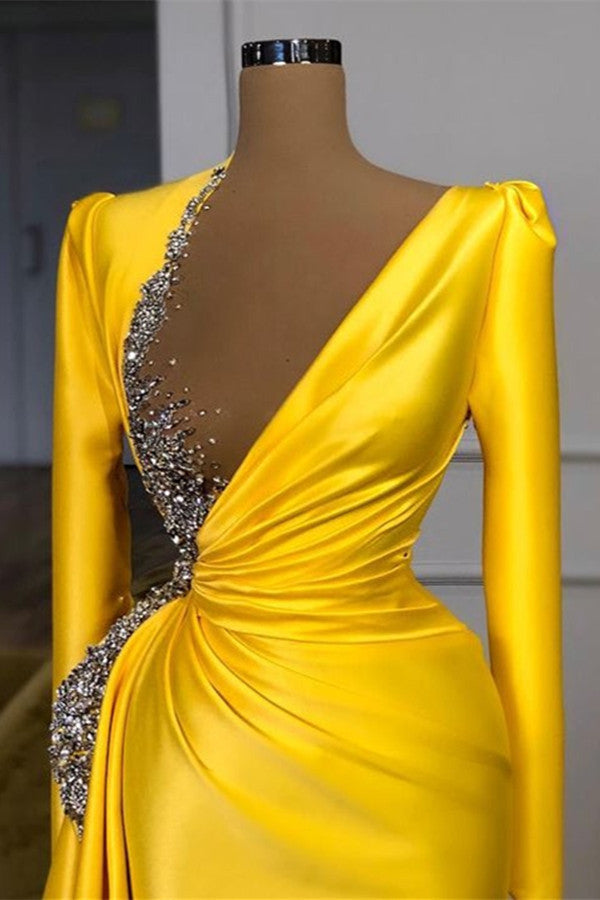 Yellow Prom Dress with Beads Sequins and Long Sleeves