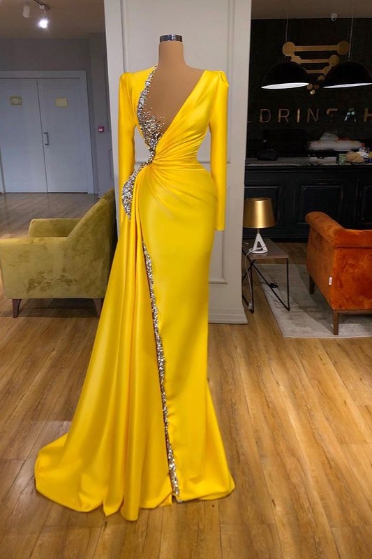 Yellow Prom Dress with Beads Sequins and Long Sleeves