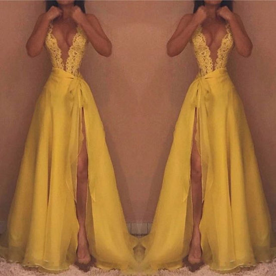 Yellow V-Neck Sleeveless Evening Dress | Lace Prom Dress With Split